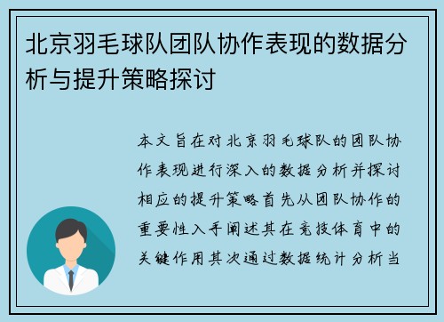 北京羽毛球队团队协作表现的数据分析与提升策略探讨